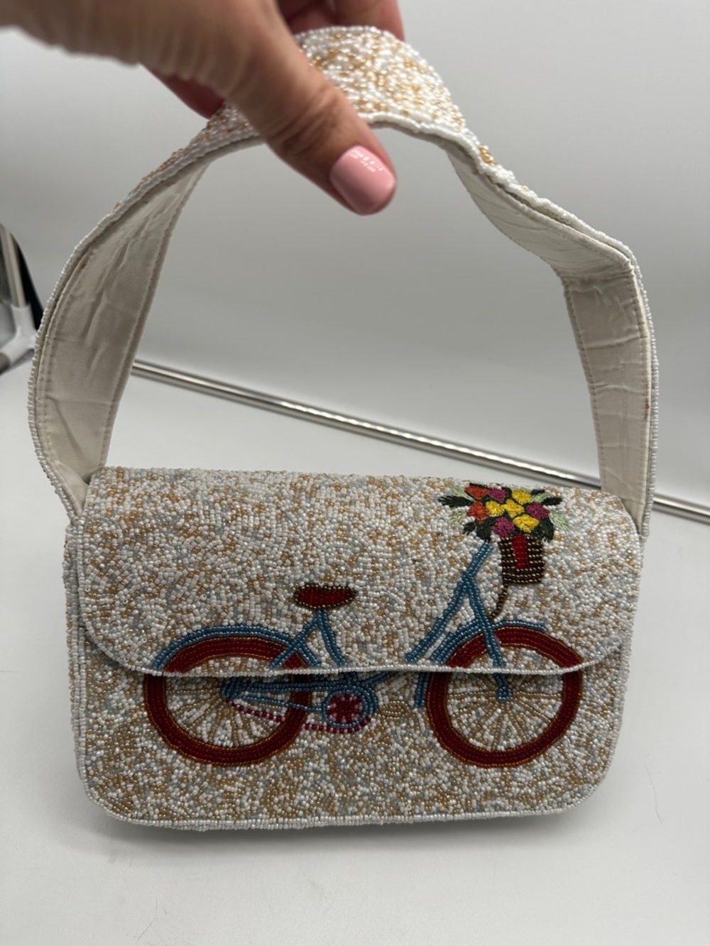 Beaded Bicycle Embroidered Cream Handbag Handmade